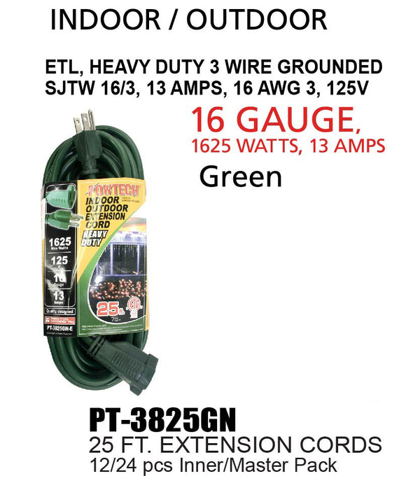PT-3825GN - Heavy Duty UL Green Indoor/Outdoor Extension Cord (25 ft.)