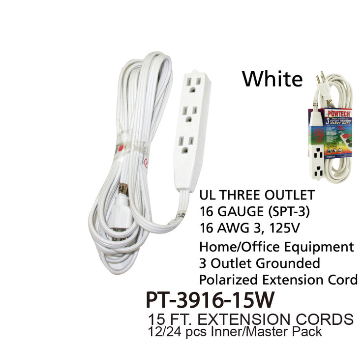 PT-3916-15W -  3 Outlet UL Banana Extension Cord (15 ft.)