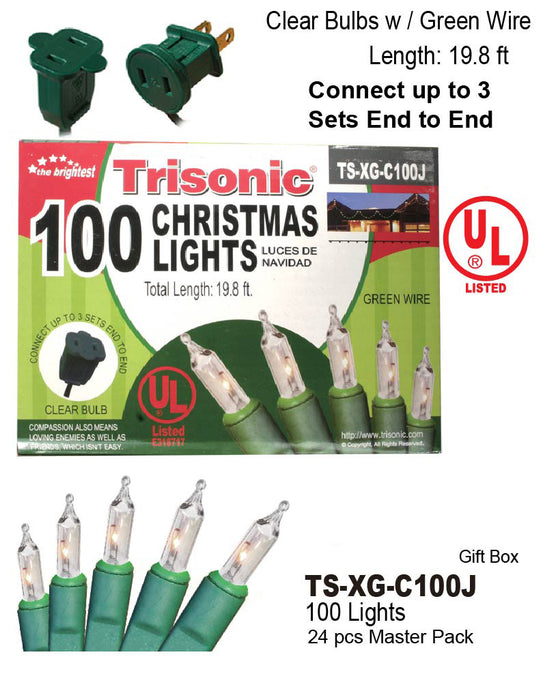 TS-XG-C100J - Clear Christmas Lights w/ Green Wire (100 Lights)