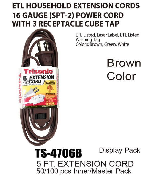 TS-4706B - Brown ETL Extension Cords (6 ft.)