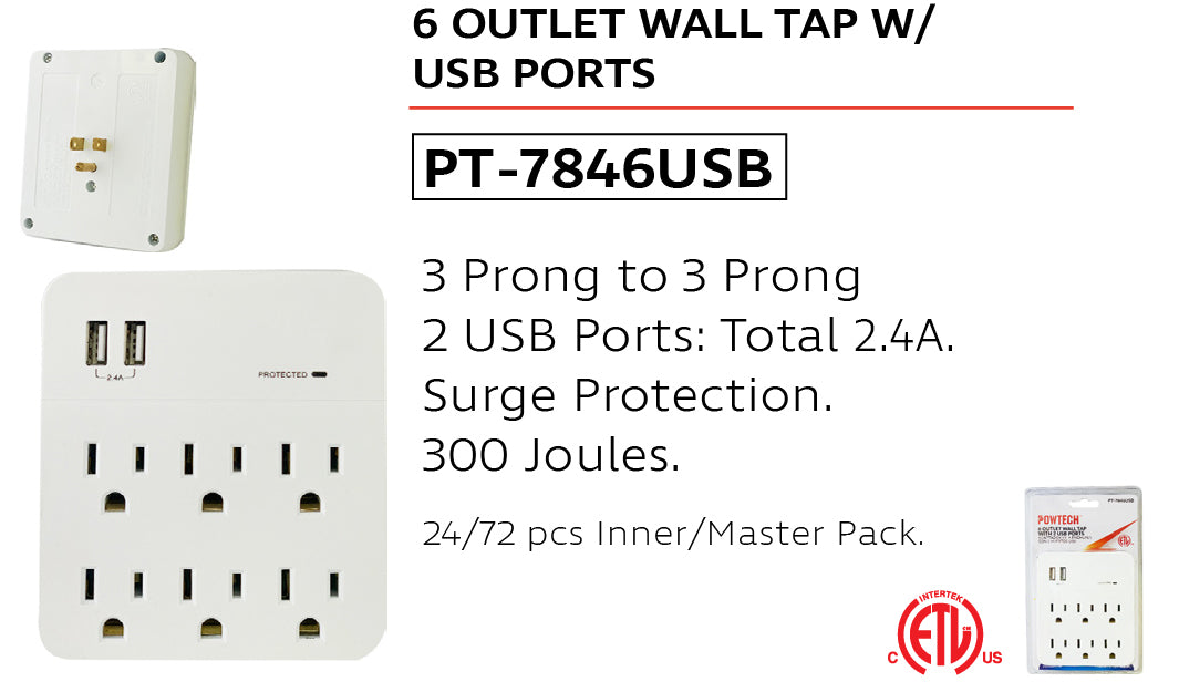 PT-7846USB - 6 OUTLET WALL TAP 2 USB