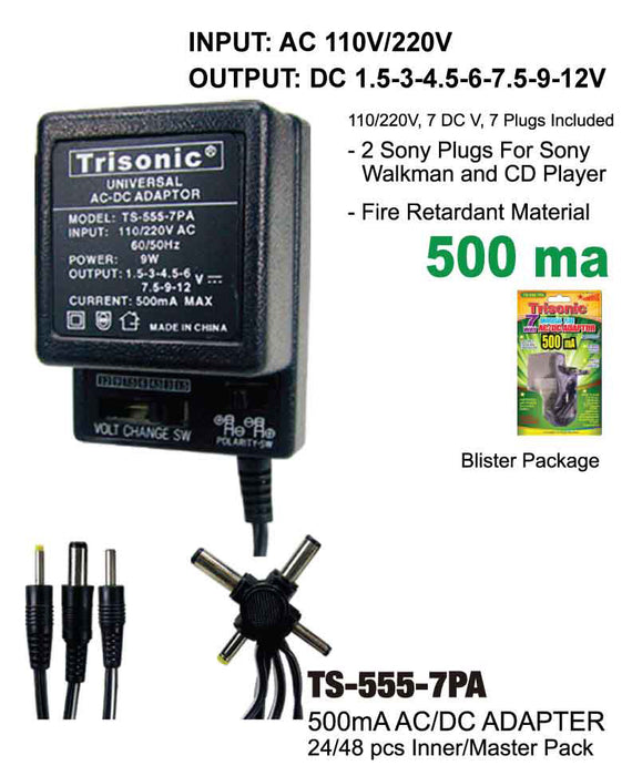 TS-555-7PA - AC/DC Adapter (500mA)