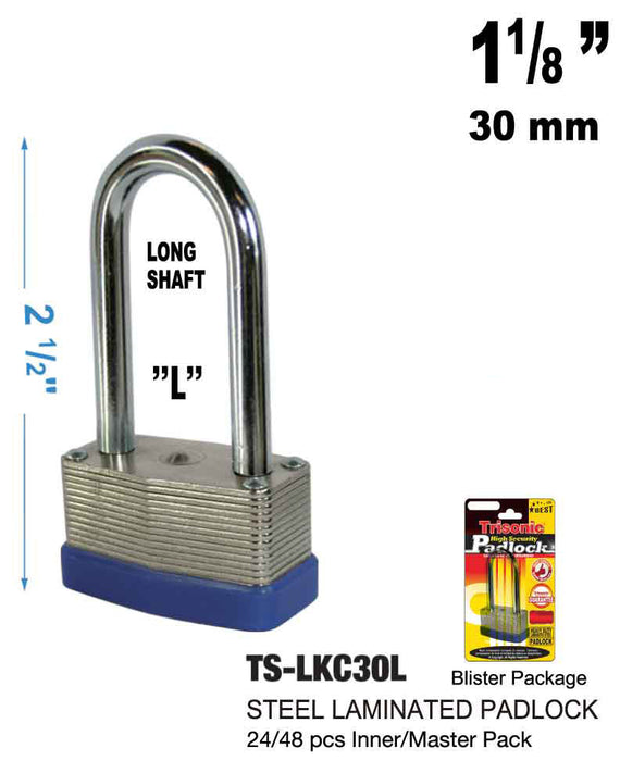 TS-LKC30L - Steel Laminated Padlock - Long Shaft (1?")