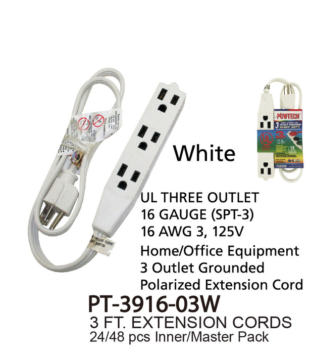 PT-3916-03W - 3 Outlet UL Banana Extension Cord (3 ft.)
