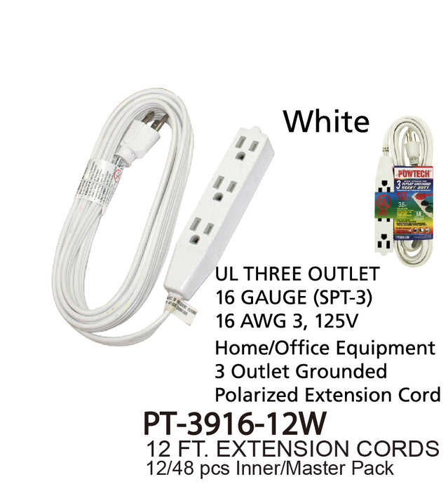 PT-3916-12W -  3 Outlet UL Banana Extension Cord (12 ft.)