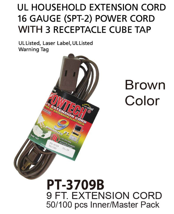 PT-3709B - Brown UL Extension Cord (9 ft.)