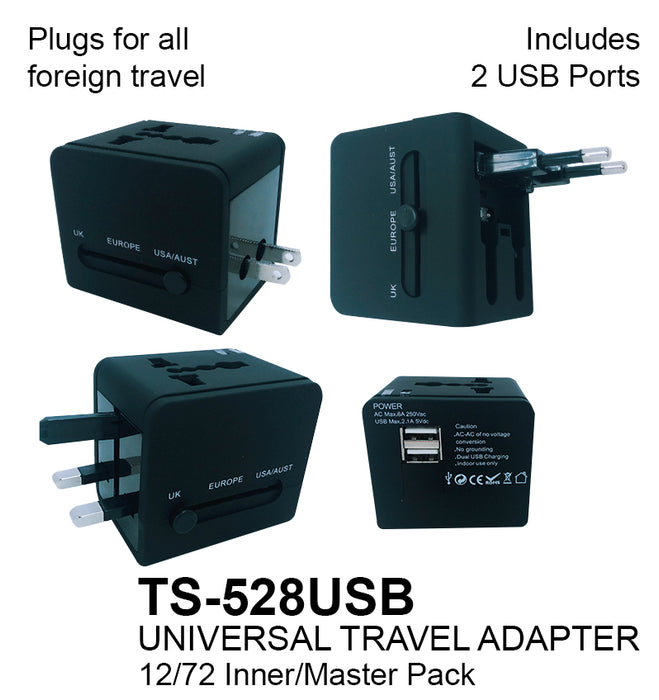 TS-528USB - Universal Travel Adapter with 2 USB Ports**