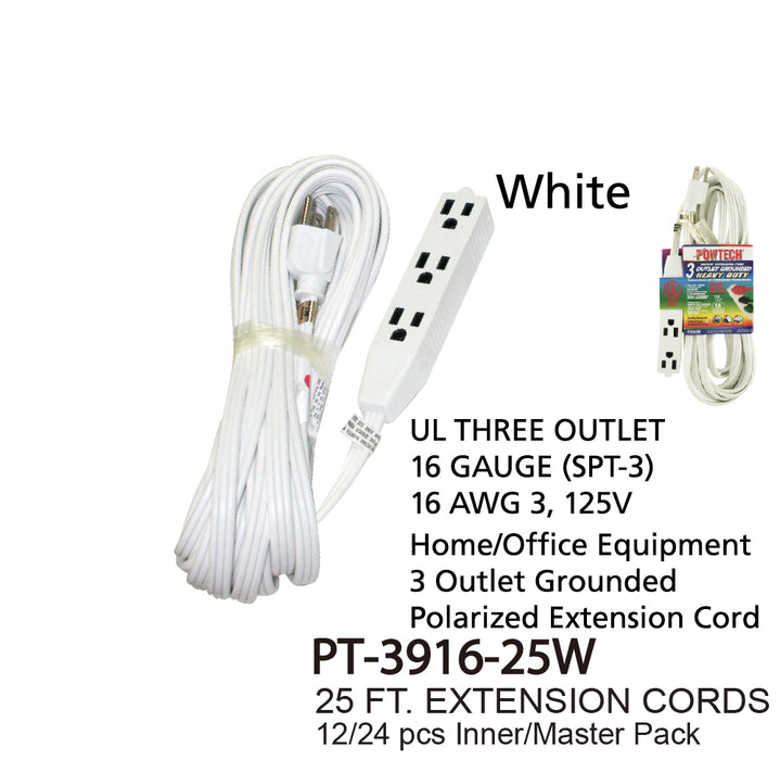 PT-3916-25W -  3 Outlet UL Banana Extension Cord (25 ft.)
