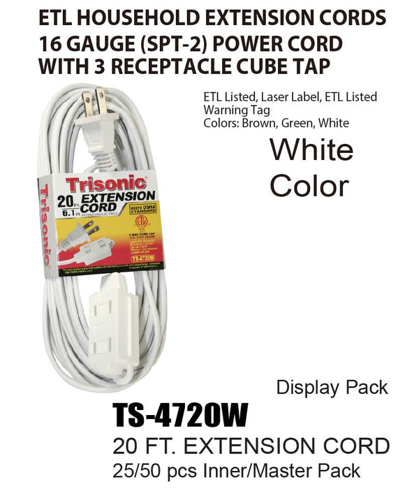 TS-4720W - White ETL Extension Cords (20 ft.)