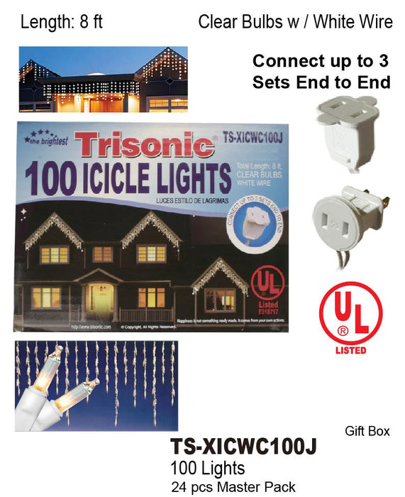 TS-XICWC100J - Clear Icicle Lights w/ White Wire (100 Lights)