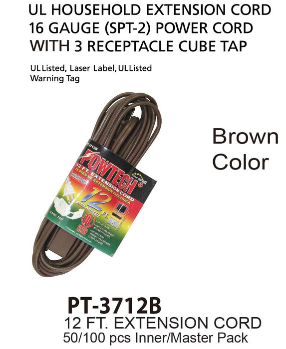 PT-3712B - Brown UL Extension Cord (12 ft.)