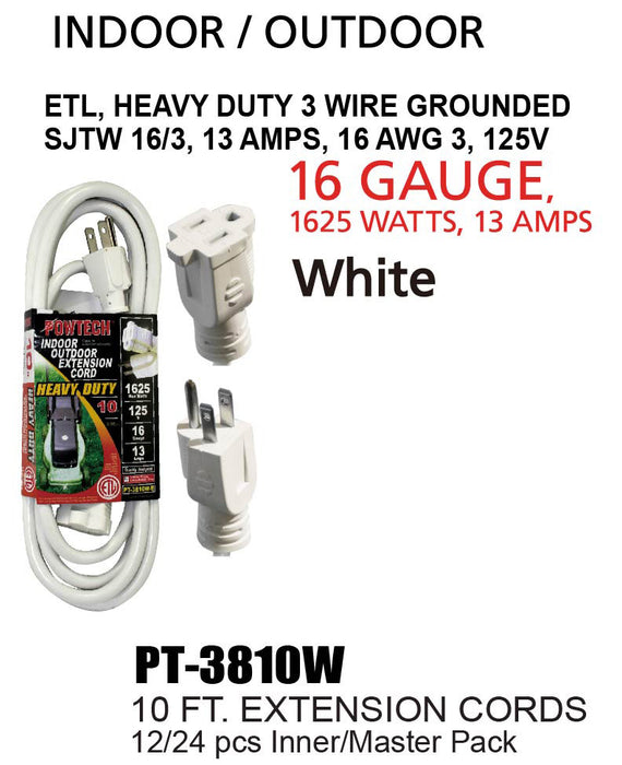 PT-3810W - Heavy Duty UL White Indoor/Outdoor Extension Cord (10 ft.)