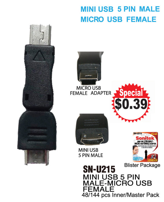 SN-U215 - Mini USB 5 Pin Male-Micro USB Female Adapter **