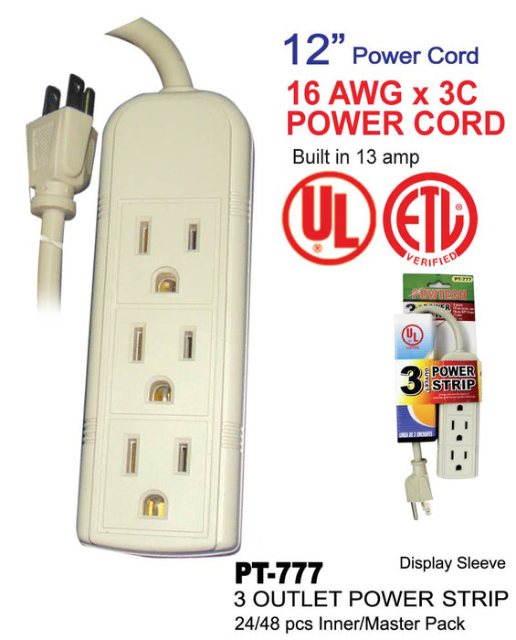 PT-777 - 3 Outlet UL Power Strip