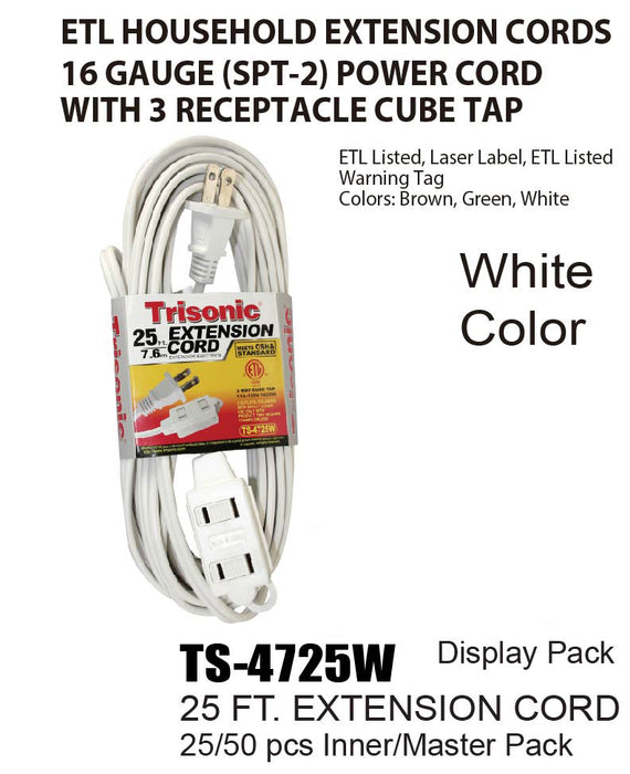 TS-4725W - White ETL Extension Cords (25 ft.)