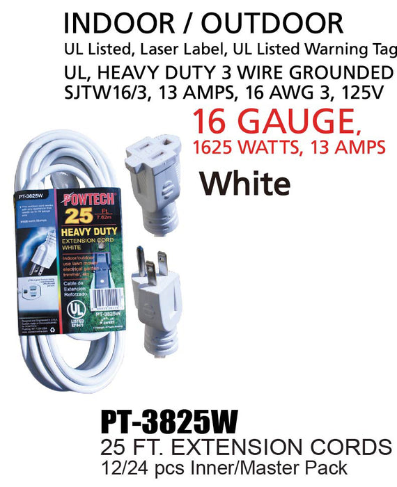 PT-3825W - Heavy Duty UL White Indoor/Outdoor Extension Cord (25 ft.)