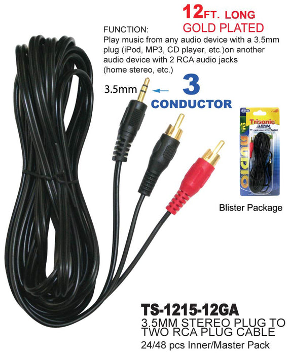 TS-1215-12GA - 3.5mm Stereo Plug to 2 RCA Plugs (12 ft.)
