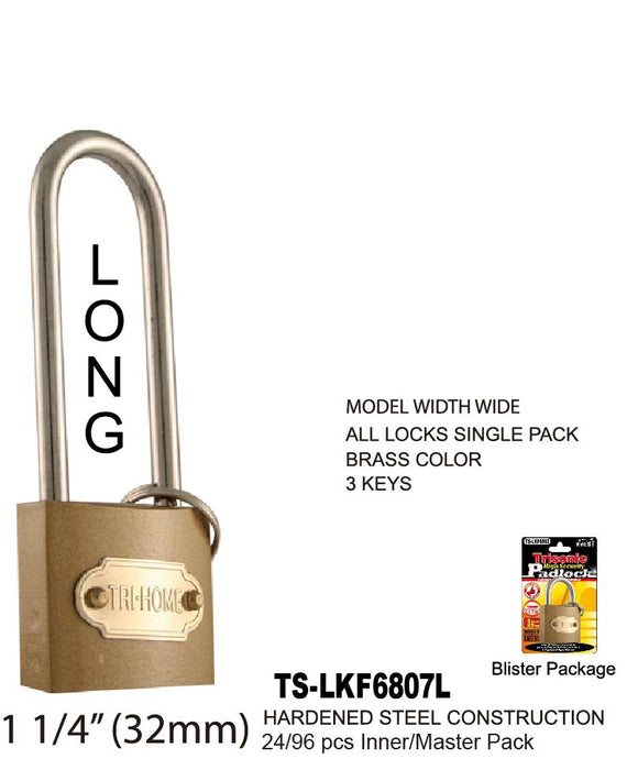 TS-LKF6807L - Brass Colored Steel Padlock - Long Shaft (1¬")