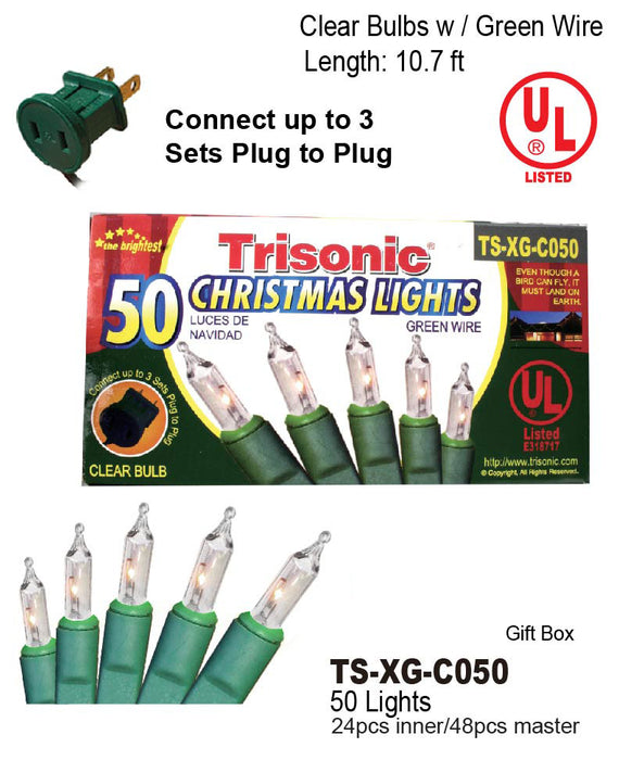 TS-XG-C050 - Clear Christmas Lights w/ Green Wire (50 Lights)
