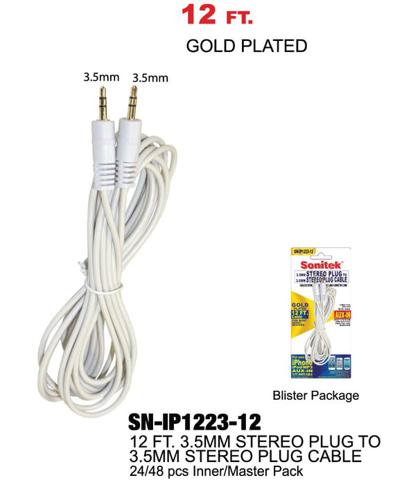 SN-IP1223-12 - White 3.5mm Stereo Plug to 3.5mm Stereo Plug (12 ft.)