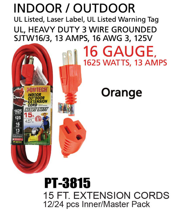 PT-3815 - Heavy Duty UL Orange Indoor/Outdoor Extension Cord (15 ft.)