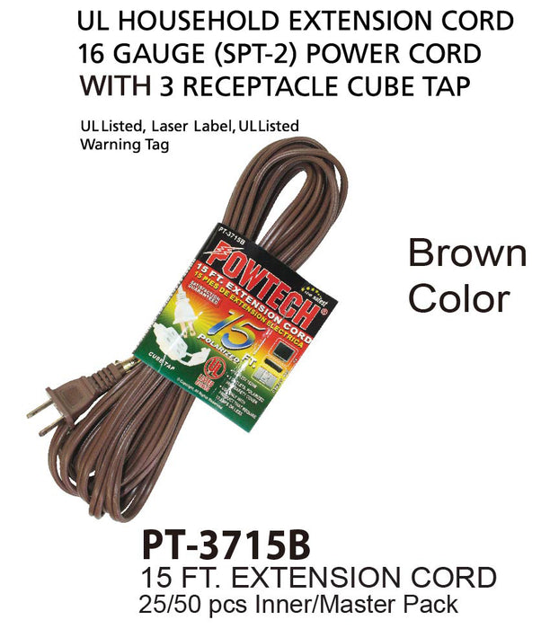 PT-3715B - Brown UL Extension Cord (15 ft.)