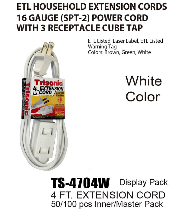 TS-4704W - White ETL Extension Cords (4 ft.)