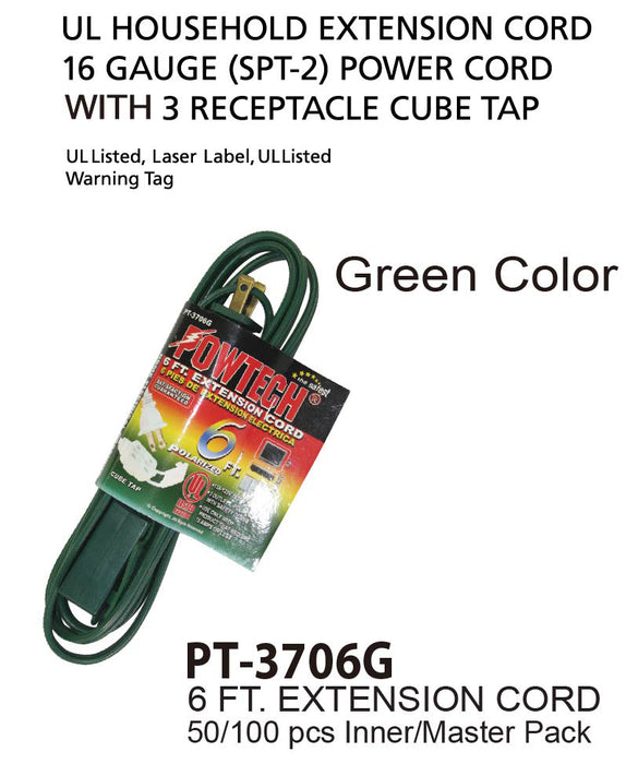 PT-3706G - Green UL Extension Cord (6 ft.)