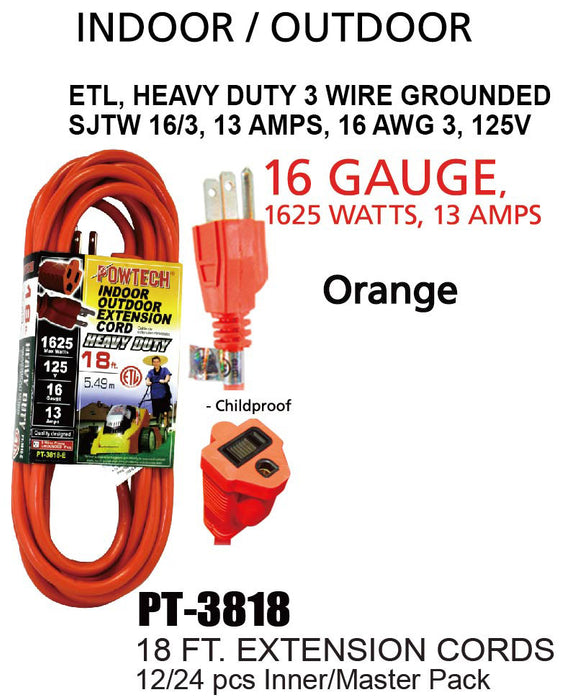 PT-3818 - Heavy Duty UL Orange Indoor/Outdoor Extension Cord (18 ft.)