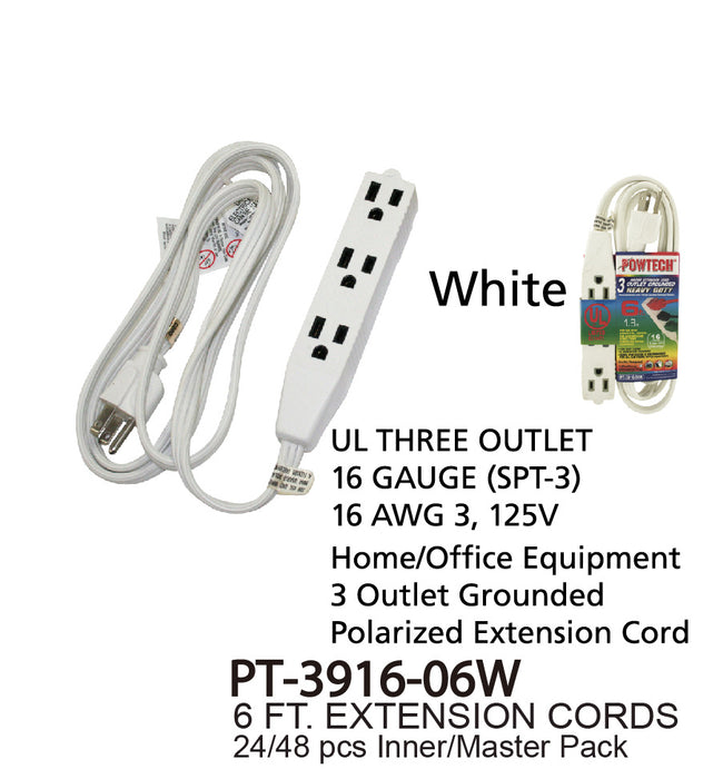 PT-3916-06W -  3 Outlet UL Banana Extension Cord (6 ft.)