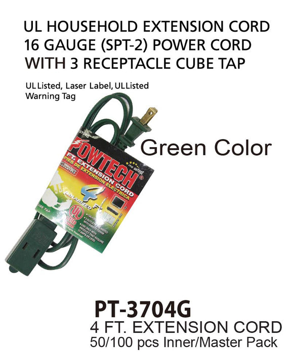 PT-3704G - Green UL Extension Cord (4 ft.)