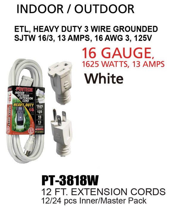PT-3818W - Heavy Duty UL White Indoor/Outdoor Extension Cord (18 ft.)