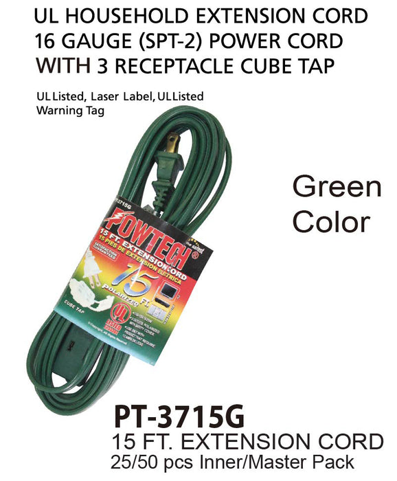 PT-3715G - Green UL Extension Cord (15 ft.)