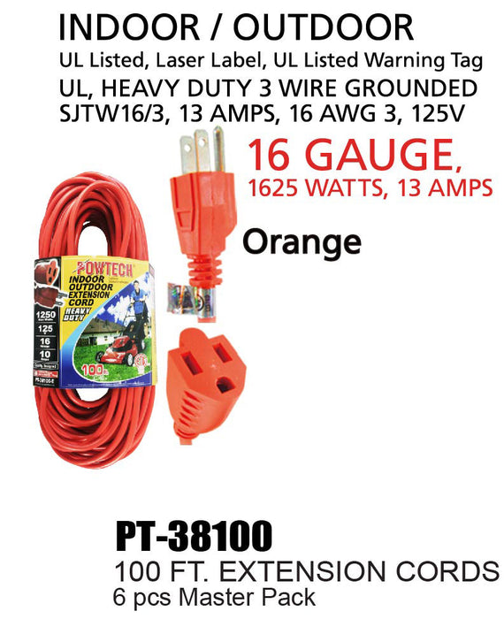 PT-38100 - Heavy Duty UL Orange Indoor/Outdoor Extension Cord (100 ft.)