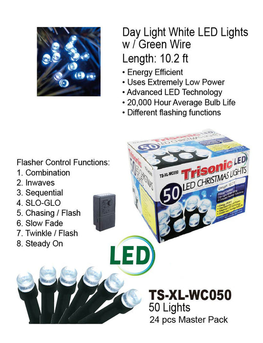 TS-XL-WC050M - White LED Christmas Lights w/ Green Wire (50 Lights)