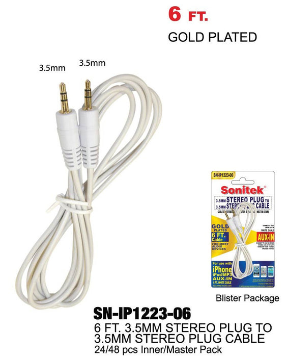 SN-IP1223-06 - White 3.5mm Stereo Plug to 3.5mm Stereo Plug (6 ft.)