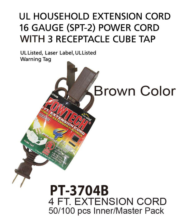 PT-3704B - Brown UL Extension Cord (4 ft.)