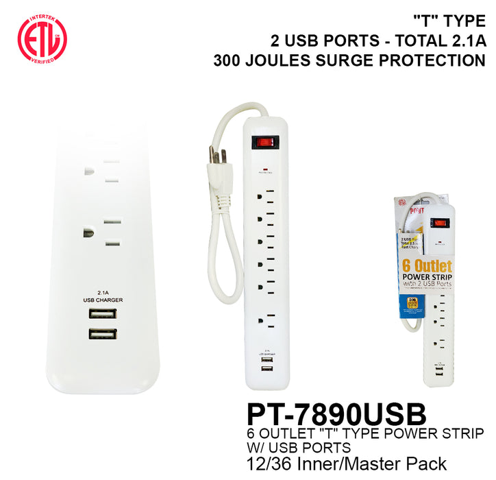 PT-7890USB - 6 OUTLET POWER STRIP WITH 2 USB