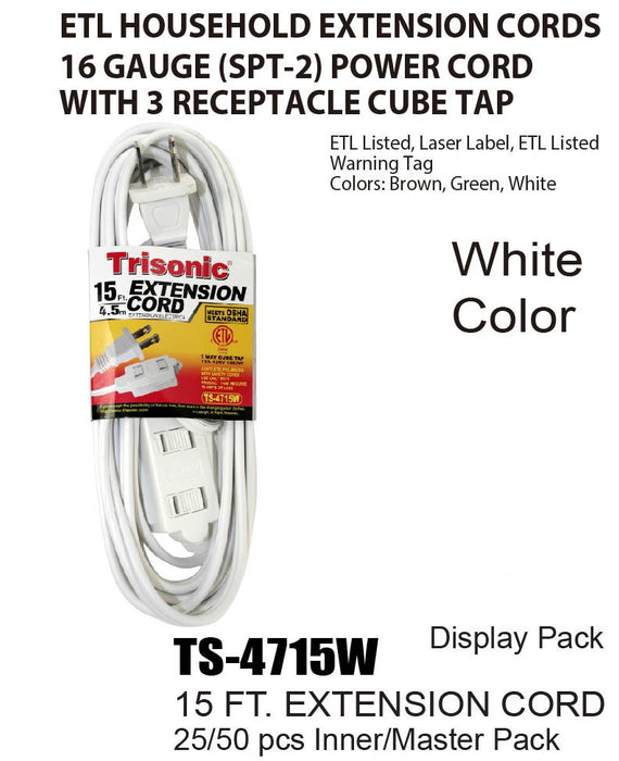TS-4715W - White ETL Extension Cords (15 ft.)