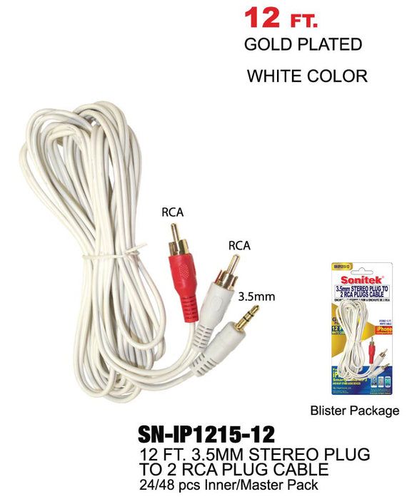 SN-IP1215-12 - 3.5mm Stereo Plug to 2 RCA Plugs (12 ft.)