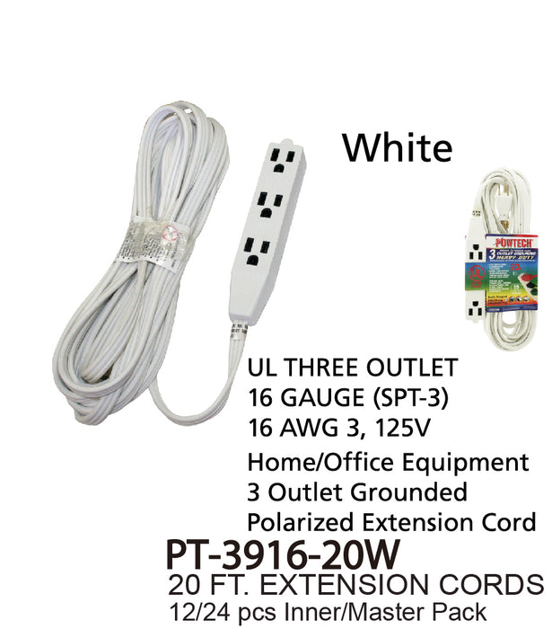 PT-3916-20W -  3 Outlet UL Banana Extension Cord (20 ft.)