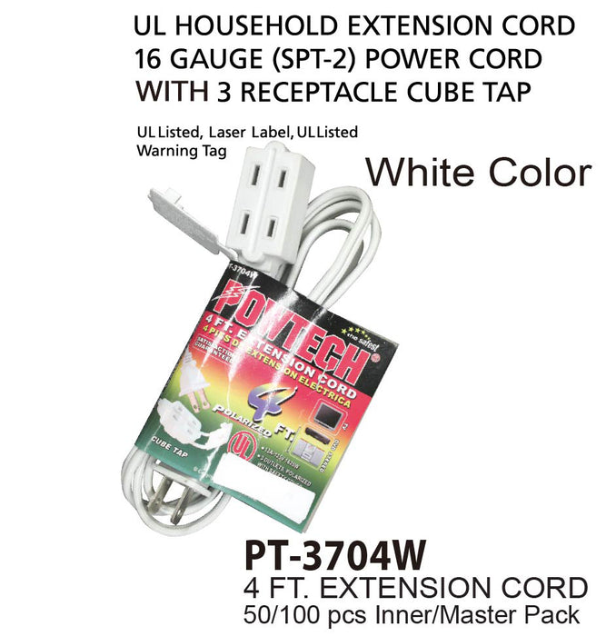 PT-3704W - White UL Extension Cord (4 ft.)