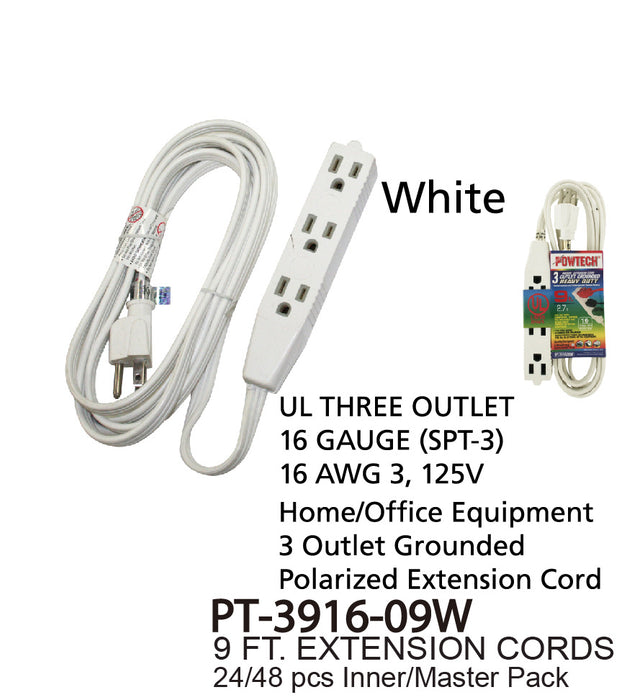 PT-3916-09W -  3 Outlet UL Banana Extension Cord (9 ft.)