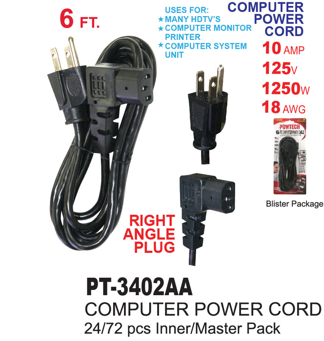 PT-3402AA - Right Angle Computer Power Cord