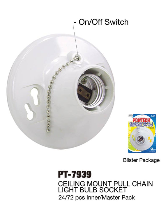PT-7939 - Ceiling Mount Light Bulb Socket w/ Pull Chain