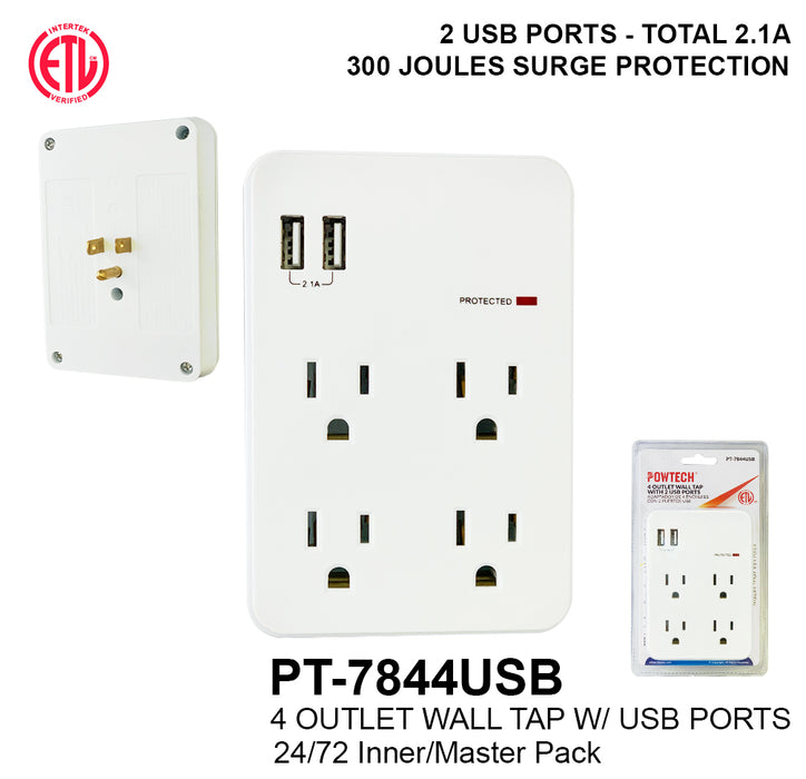 PT-7844USB - 4 OUTLET WALL TAP 2 USB