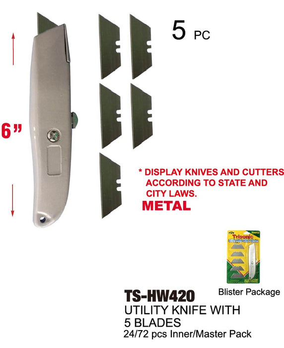TS-HW420 - Metal Utility Knife w/ 5 Blades