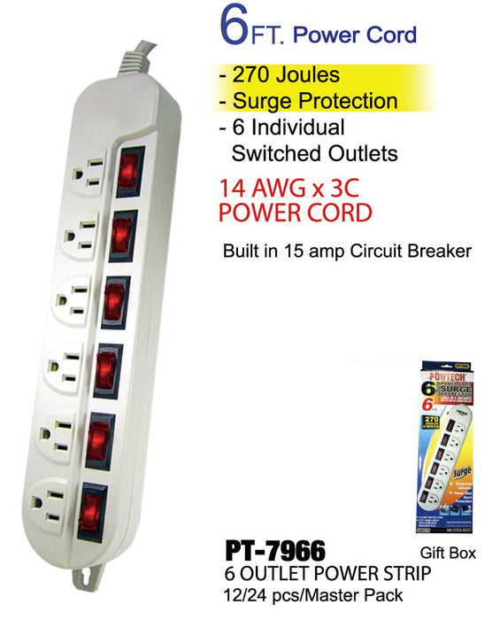 PT-7966 - 6 Outlet Power Strip w/ Individual Switches