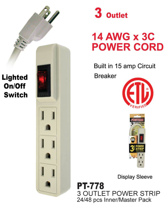 PT-778 - 3 Outlet UL Power Strip