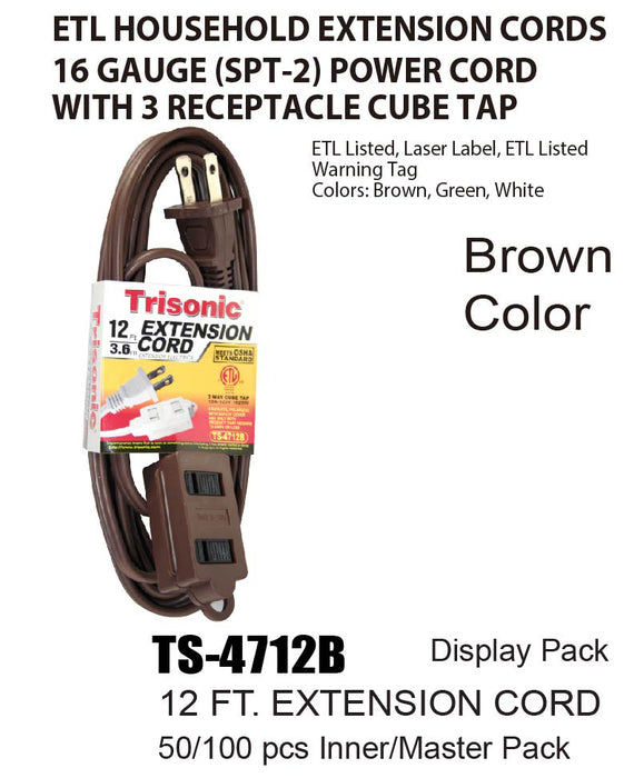 TS-4712B - 12' ETL Extension Cords (Brown)